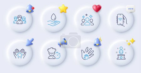 Illustration for Squad, Internet app and Ranking line icons. Buttons with 3d bell, chat speech, cursor. Pack of Social responsibility, Water care, Chef icon. Success, Teamwork pictogram. For web app, printing. Vector - Royalty Free Image