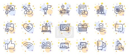 Illustration for Outline set of Augmented reality, Chemistry experiment and Internet report line icons for web app. Include Meditation eye, Remove image, Video conference pictogram icons. Start business. Vector - Royalty Free Image