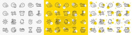 Illustration for Set of Calendar, Time management timer and Delivery service linear icons. Time line icons. Checklist, Stopwatch timer and hourglass. 24 hours and Presentation, calendar, checklist test. Vector - Royalty Free Image