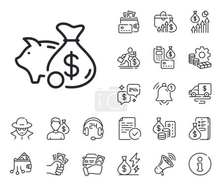 Illustration for Coins money sign. Cash money, loan and mortgage outline icons. Piggy bank line icon. Business savings symbol. Piggy bank line sign. Credit card, crypto wallet icon. Inflation, job salary. Vector - Royalty Free Image