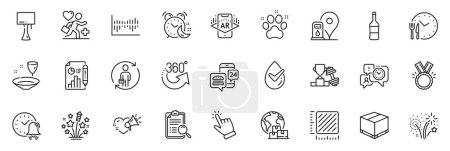 Illustration for Icons pack as Alarm bell, Food time and Delivery box line icons for app include Augmented reality, Alarm, Petrol station outline thin icon web set. Dermatologically tested. Vector - Royalty Free Image