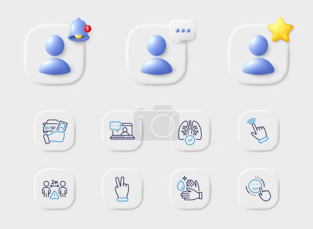 Illustration for Cursor, Smile and Wash hands line icons. Placeholder with 3d star, reminder bell, chat. Pack of Rent car, Social distance, Lungs icon. Victory hand, Friends chat pictogram. Vector - Royalty Free Image