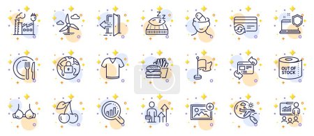 Illustration for Outline set of Mattress, Factory and T-shirt line icons for web app. Include Burger, Computer security, Entrance pictogram icons. Search flight, Presentation, Flag signs. Change card. Vector - Royalty Free Image