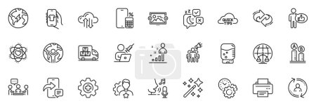 Illustration for Icons pack as Refresh, Electricity and Quick tips line icons for app include Image carousel, Magistrates court, Atom outline thin icon web set. Cloud sync, Magic wand. Refresh outline sign. Vector - Royalty Free Image