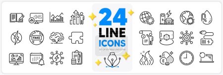 Illustration for Icons set of Notification, Feedback and Report statistics line icons pack for app with Co2 gas, Puzzle, Manual doc thin outline icon. Framework, Recovery laptop, Time pictogram. Vector - Royalty Free Image