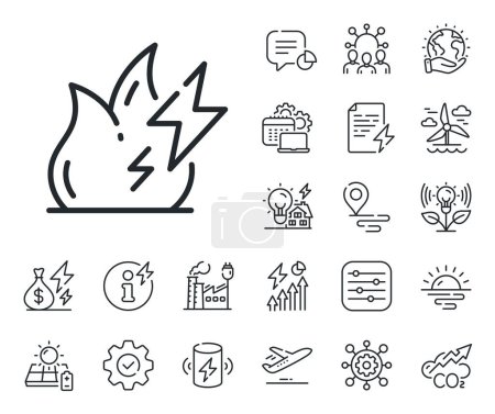 Illustration for Flame power sign. Energy, Co2 exhaust and solar panel outline icons. Fire energy line icon. Lightning bolt symbol. Fire energy line sign. Eco electric or wind power icon. Green planet. Vector - Royalty Free Image