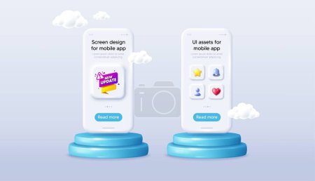 Illustration for New update paper banner. Phone mockup on podium. Product offer 3d pedestal. Important message tag. Exclamation mark icon. Background with 3d clouds. New update promotion message. Vector - Royalty Free Image