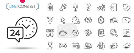 Illustration for Pack of Cutting board, Megaphone and Delivery truck line icons. Include Video camera, Hold heart, Snow weather pictogram icons. Video conference, Water glass, Discount signs. Vector - Royalty Free Image