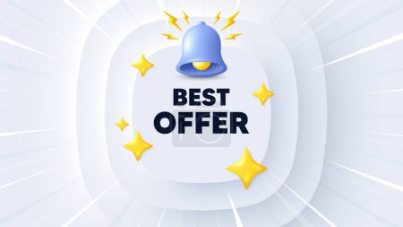 Illustration for Best offer tag. Neumorphic banner with sunburst. Special price Sale sign. Advertising Discounts symbol. Best offer message. Banner with 3d bell. Circular neumorphic template. Vector - Royalty Free Image