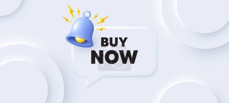 Illustration for Buy Now tag. Neumorphic background with chat speech bubble. Special offer price sign. Advertising Discounts symbol. Buy now speech message. Banner with bell. Vector - Royalty Free Image