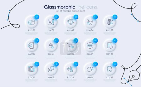 Illustration for Set of Medical prescription, Blood and saliva test and Face search line icons for web app. Medical tablet, Coronavirus, Stop stress icons. Shield, Thermometer, Covid virus signs. Vector - Royalty Free Image