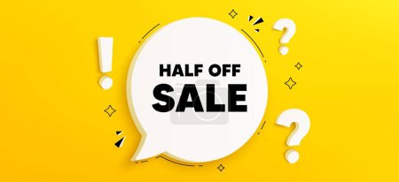 Illustration for Half off sale. Chat speech bubble banner with questions. Special offer price sign. Advertising discounts symbol. Half off sale speech bubble message. Quiz chat box. Vector - Royalty Free Image