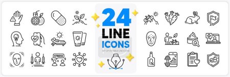 Illustration for Icons set of Orange juice, Lounger and Mental health line icons pack for app with Capsule pill, Coronavirus injections, Grow plant thin outline icon. Difficult stress, Eco bike. Vector - Royalty Free Image