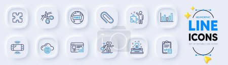 Illustration for Puzzle, Cloud computing and Column chart line icons for web app. Pack of Fake news, Accounting checklist, Web report pictogram icons. Paper clip, Game console, Typewriter signs. Scissors. Vector - Royalty Free Image