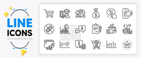 Illustration for Corrupt, Wallet and Shopping cart line icons set for app include Info, Money bag, Fraud outline thin icon. Deflation, Mortgage, Payment received pictogram icon. Card, Discount button. Vector - Royalty Free Image