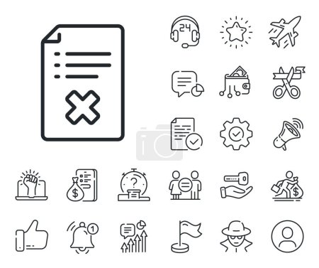 Illustration for Decline document sign. Salaryman, gender equality and alert bell outline icons. Reject file line icon. Delete file. Reject file line sign. Spy or profile placeholder icon. Vector - Royalty Free Image