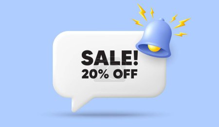 Illustration for Sale 20 percent off discount. 3d speech bubble banner with bell. Promotion price offer sign. Retail badge symbol. Sale chat speech message. 3d offer talk box. Vector - Royalty Free Image