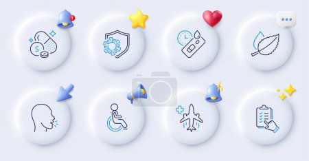 Illustration for Medical flight, Mint leaves and Checklist line icons. Buttons with 3d bell, chat speech, cursor. Pack of Cough, Sulfur mineral, Disability icon. Coronavirus, Covid test pictogram. Vector - Royalty Free Image