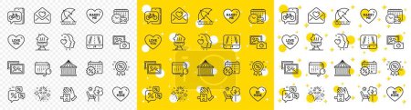 Illustration for Outline Discounts chat, Gps and Photo camera line icons pack for web with Puzzle time, Beach umbrella, Be mine line icon. Marry me, Love letter, Carousels pictogram icon. Calendar. Vector - Royalty Free Image