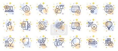 Illustration for Outline set of Air balloon, 5g wifi and Timer line icons for web app. Include Target purpose, Cursor, Global insurance pictogram icons. Qr code, Phishing, Inventory signs. Microscope. Vector - Royalty Free Image