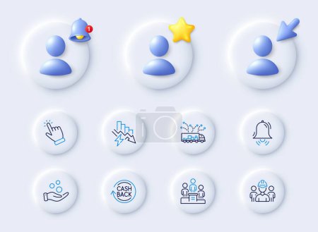 Illustration for Saving electricity, Donation money and Clock bell line icons. Placeholder with 3d cursor, bell, star. Pack of Truck delivery, Business podium, Cashback icon. Cursor, Engineering team pictogram. Vector - Royalty Free Image
