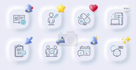 Illustration for Device, Bromine mineral and Augmented reality line icons. Buttons with 3d bell, chat speech, cursor. Pack of Medical prescription, Calendar, People vaccination icon. Vector - Royalty Free Image