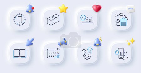 Illustration for Seo gear, Calendar graph and Dice line icons. Buttons with 3d bell, chat speech, cursor. Pack of Smartphone target, Seo shopping, Online test icon. Book, Vaccine announcement pictogram. Vector - Royalty Free Image