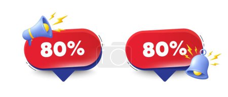 Illustration for 80 percent off sale tag. Speech bubbles with 3d bell, megaphone. Discount offer price sign. Special offer symbol. Discount chat speech message. Red offer talk box. Vector - Royalty Free Image