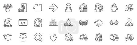 Illustration for Icons pack as Group people, Heart and Security agency line icons for app include Cloud computing, Correct checkbox, Freezing timer outline thin icon web set. Parcel tracking, Bell. Vector - Royalty Free Image