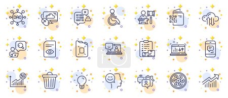 Illustration for Outline set of Inventory checklist, View document and Good mood line icons for web app. Include Inspect, Cable section, Work home pictogram icons. Auction, Canister oil, Cloud computing signs. Vector - Royalty Free Image