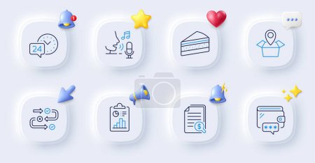 Illustration for Wallet, Microphone and Financial documents line icons. Buttons with 3d bell, chat speech, cursor. Pack of Package location, Cake, 24h service icon. Survey progress, Report pictogram. Vector - Royalty Free Image