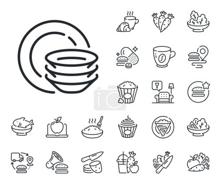 Illustration for Tableware plates sign. Crepe, sweet popcorn and salad outline icons. Dishes line icon. Food kitchenware symbol. Dishes line sign. Pasta spaghetti, fresh juice icon. Supply chain. Vector - Royalty Free Image
