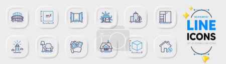 Illustration for Lighthouse, Cupboard and Buying house line icons for web app. Pack of Loan house, Distribution, Skyscraper buildings pictogram icons. Armchair, Open door, Balcony signs. Square meter. Vector - Royalty Free Image