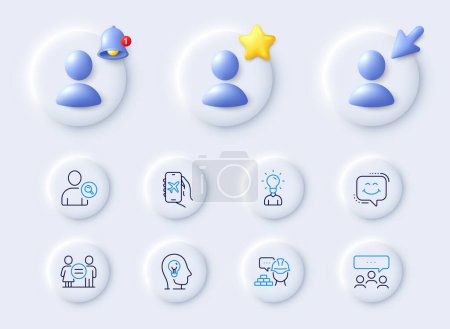 Illustration for Flight mode, Education and Mental health line icons. Placeholder with 3d cursor, bell, star. Pack of Meeting, Build, Equality icon. Find user, Smile chat pictogram. For web app, printing. Vector - Royalty Free Image