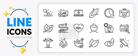 Illustration for Mint leaves, Corn and Leaf line icons set for app include Dumbbells workout, Dating, Cardio training outline thin icon. Medical analytics, Salad, Medical calendar pictogram icon. Vector - Royalty Free Image