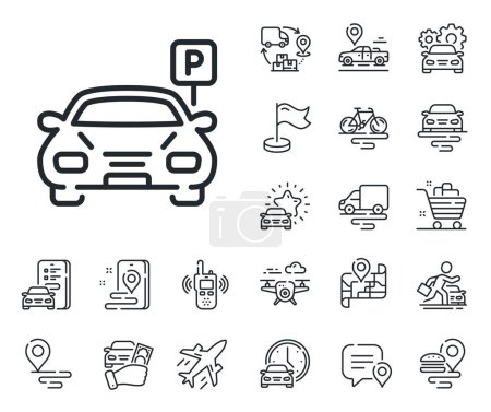 Illustration for Auto park sign. Plane, supply chain and place location outline icons. Car parking line icon. Transport place symbol. Parking line sign. Taxi transport, rent a bike icon. Travel map. Vector - Royalty Free Image