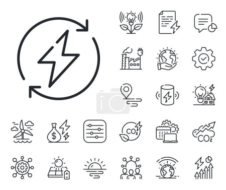 Illustration for Update electric energy sign. Energy, Co2 exhaust and solar panel outline icons. Renewable power line icon. Lightning bolt symbol. Renewable power line sign. Eco electric or wind power icon. Vector - Royalty Free Image