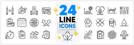 Illustration for Icons set of Checklist, Decreasing graph and Inspect line icons pack for app with 3d app, Coronavirus statistics, Local grown thin outline icon. Waterproof, Medical analyzes. Vector - Royalty Free Image