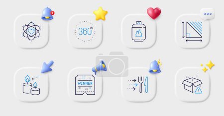 Illustration for Triangle area, Gas cylinder and Atom line icons. Buttons with 3d bell, chat speech, cursor. Pack of Aroma candle, Winner ticket, 360 degrees icon. Delivery warning, Food delivery pictogram. Vector - Royalty Free Image
