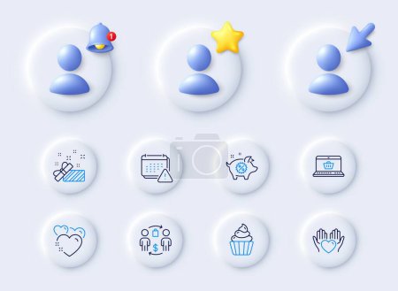 Illustration for Online shopping, Buying process and Hold heart line icons. Placeholder with 3d cursor, bell, star. Pack of Piggy sale, Present, Cupcake icon. Notification, Heart pictogram. Vector - Royalty Free Image