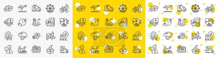 Illustration for Outline Destination flag, Lighthouse and Ferris wheel line icons pack for web with Warning, Eco bike, Delivery discount line icon. Bicycle helmet, Packing boxes. Yellow design with 3d stars. Vector - Royalty Free Image
