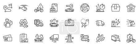 Illustration for Icons pack as Bike timer, Helicopter and Home charging line icons for app include Delivery cart, Delivery online, Car travel outline thin icon web set. Package box, Charging station. Vector - Royalty Free Image