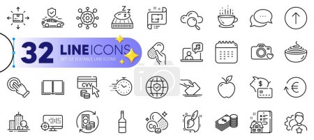 Outline set of Painting brush, Framework and Swipe up line icons for web with Calendar, Transport insurance, Dots message thin icon. Property agency, Coffee cup, Change money pictogram icon. Vector