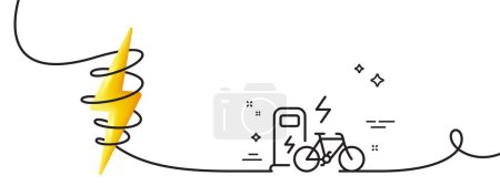 Téléchargez les illustrations : Icône de ligne de vélo électrique. Continu une ligne avec boucle. Panneau de transport de vélo motorisé. Chargez le symbole ebike. Ruban de contour simple vélo électrique. Courbe de boucle avec énergie. Vecteur - en licence libre de droit