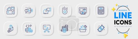 Illustration for Atm, Donate and Coins line icons for web app. Pack of Launder money, Payment, Tax calculator pictogram icons. Deflation, Bankrupt, Loyalty star signs. Money, 3d chart, Sale megaphone. Vector - Royalty Free Image