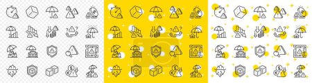 Illustration for Safety umbrella, Iceberg threat and dice gambling set. Risk management line icons. Reduce finance, win chance and maze labyrinth line icons. Crisis management, insurance umbrella, threat risk. Vector - Royalty Free Image