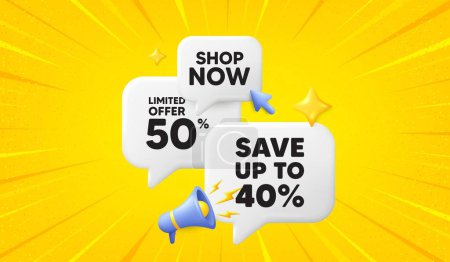 Illustration for Save up to 40 percent. 3d offer chat speech bubbles. Discount Sale offer price sign. Special offer symbol. Discount speech bubble 3d message. Talk box megaphone banner. Vector - Royalty Free Image
