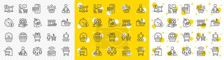 Illustration for Contactless payment card, shopping cart and group of people. Buyer customer line icons. Store, buyer loyalty card, client ranking set icons. Shopping timer, phone payment, currency. Vector - Royalty Free Image