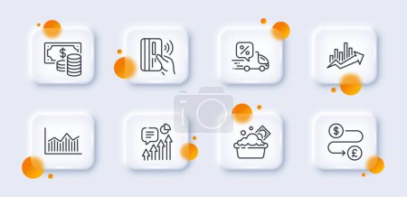 Illustration for Contactless payment, Growth chart and Money diagram line icons pack. 3d glass buttons with blurred circles. Delivery discount, Coins banknote, Launder money web icon. Kpi pictogram. Vector - Royalty Free Image
