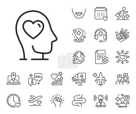 Illustration for Psychology therapy sign. Online doctor, patient and medicine outline icons. Mental health line icon. Love and care symbol. Mental health line sign. Veins, nerves and cosmetic procedure icon. Vector - Royalty Free Image
